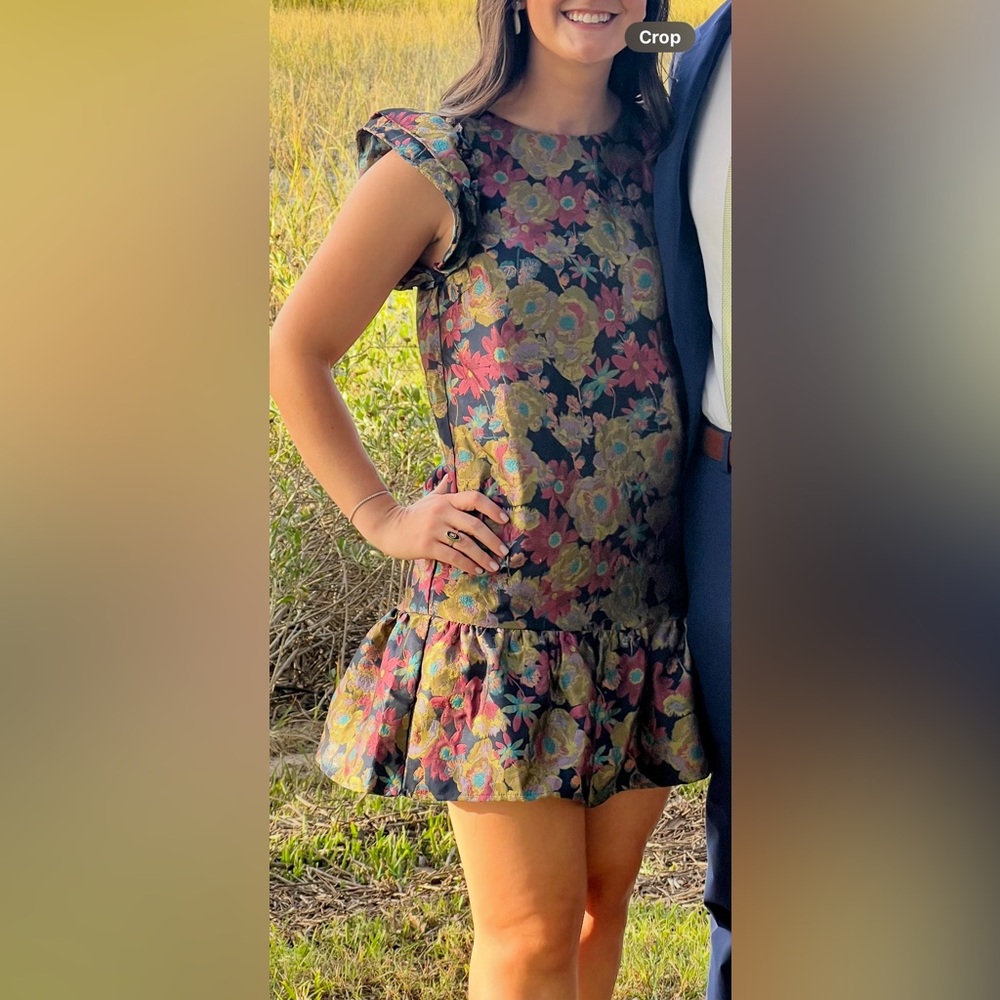 Floral Jacquard Semi Formal Dress in Black, Gold, and Purple